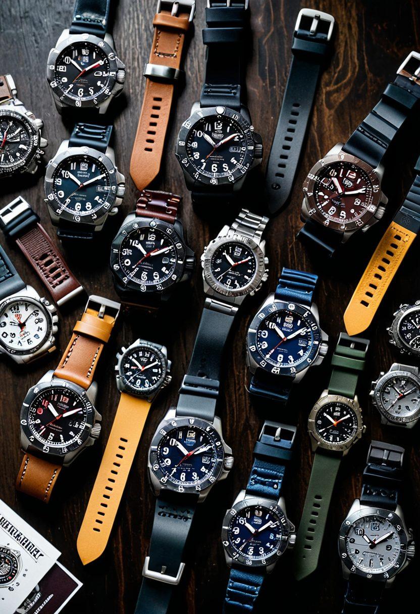 A stylish flat lay of various Luminox watches displaying a blend of tactical and trendy designs, set against a sleek dark wood table. Include elements like a compass, tactical gear, and fashion magazines subtly in the background to highlight the dual personality of the watches. Emphasize rich textures and reflections on the watch faces to convey luxury and durability. Play with contrasting lighting to give a moody yet sophisticated vibe. super-realistic. vibrant colors. soft shadows.