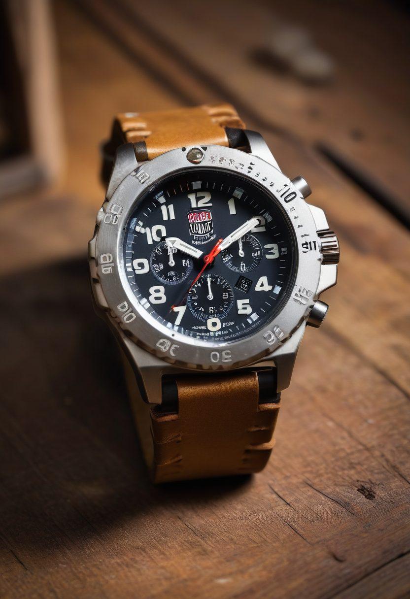 A close-up of a Luminox wristwatch placed on a vintage wooden surface, showcasing its rugged design and luminous face. The background features an elegant collector's display with various watchmaking tools, creating a sense of craftsmanship and timelessness. Soft, warm lighting enhances the watch's durability and style. super-realistic. warm colors.