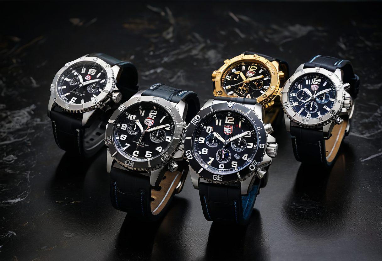 A sleek display of Luminox luxury timepieces elegantly arranged on a polished black marble surface, with soft golden lighting highlighting the intricate details of each watch. In the background, blurred glimmers of luxury accessories like cufflinks and bracelets create a rich, opulent atmosphere. Incorporate a subtle reflection effect to amplify the luxurious feel. super-realistic. vibrant colors. dark background.